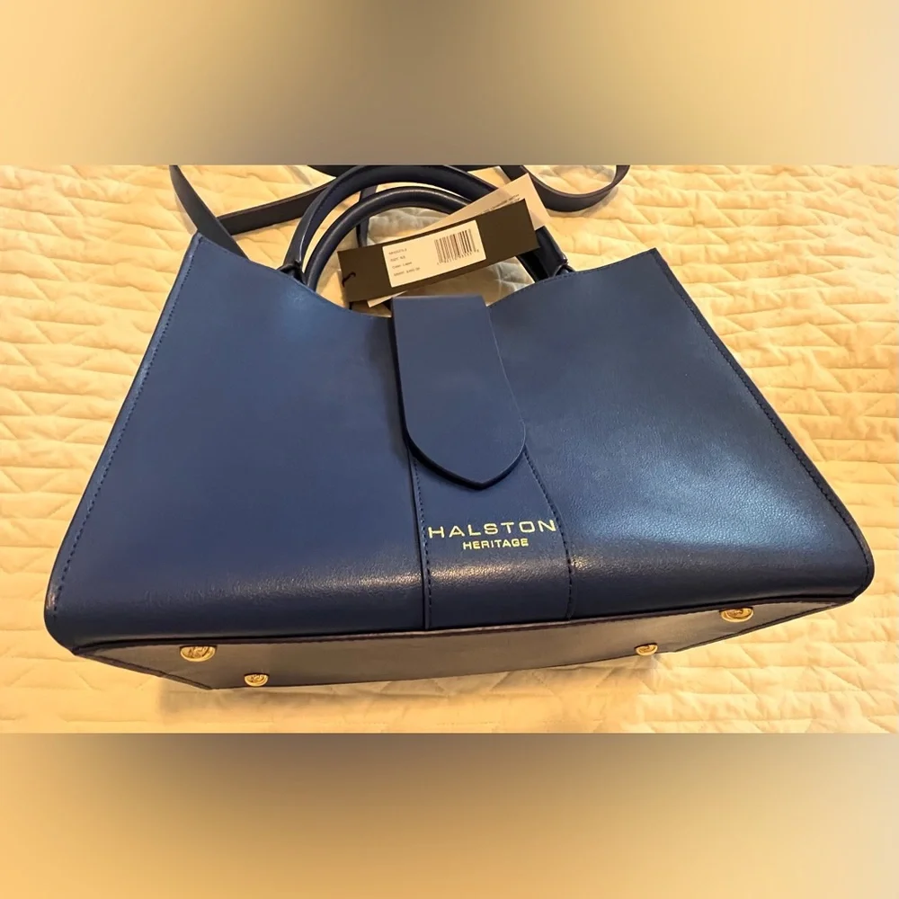 Halston Heritage Navy Blue Italian Leather Tote. NWT - Picture 3 of 6